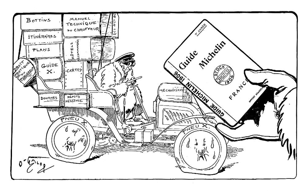 Dessin humoristique illustrant la praticité du guide Michelin pour voyager sereinement. Un homme chargé de nombreux manuels (plans, itinéraires, manuels techniques, répertoires d'hôtels et de restaurants, etc.) est en détresse, une goutte de sueur perlant sur son visage. Une main lui tend la solution : un seul livre, simple et complet - le guide Michelin.