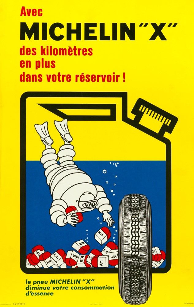 Affiche publicitaire vantant les économies de carburant réalisées grâce à la technologie du pneu X. Une illustration représente un bidon d'essence au fond duquel le Bibendum a plongé pour y récupérer des bordées de kilomètres. Il est écrit : "Avec Michelin X, plus de kilomètres dans votre réservoir !"